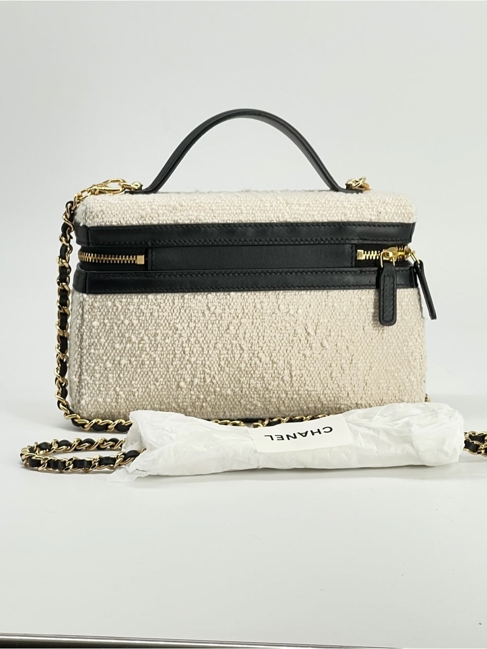 Chanel Coco Beach Top Handle Long Vanity Case in Ecru Tweed and Black Calfskin