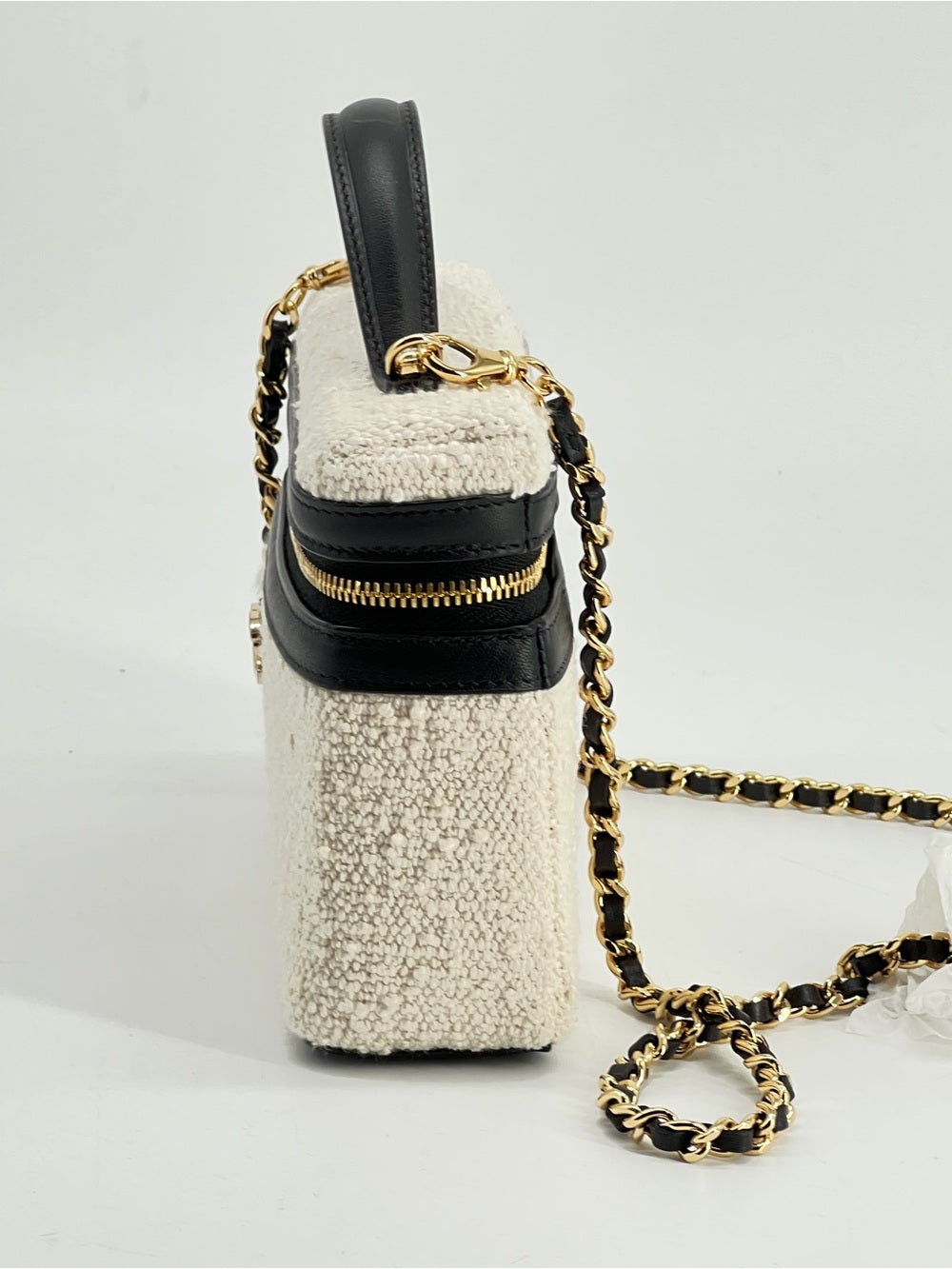 Chanel Coco Beach Top Handle Long Vanity Case in Ecru Tweed and Black Calfskin