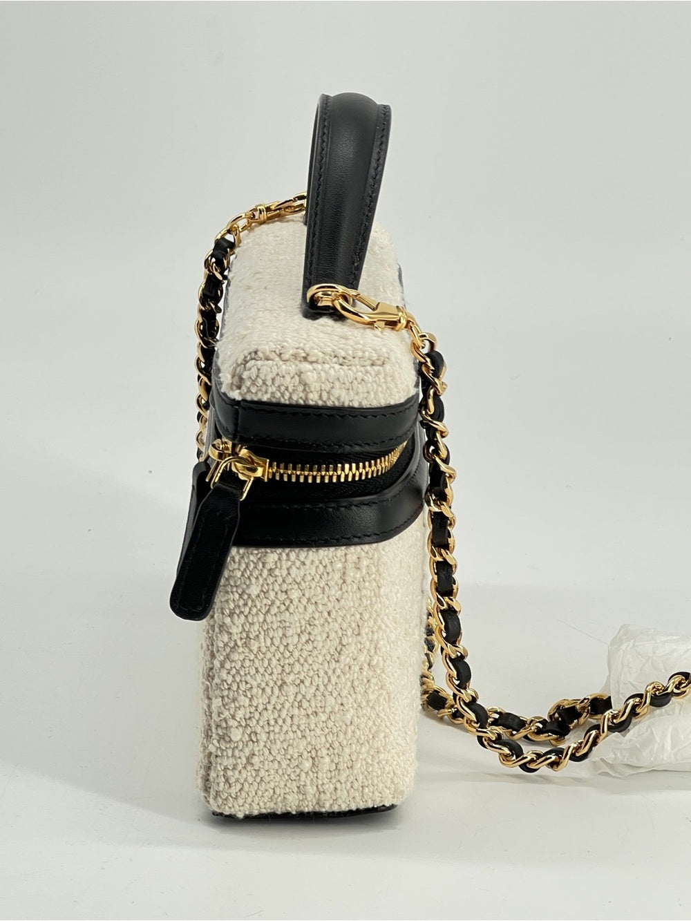 Chanel Coco Beach Top Handle Long Vanity Case in Ecru Tweed and Black Calfskin