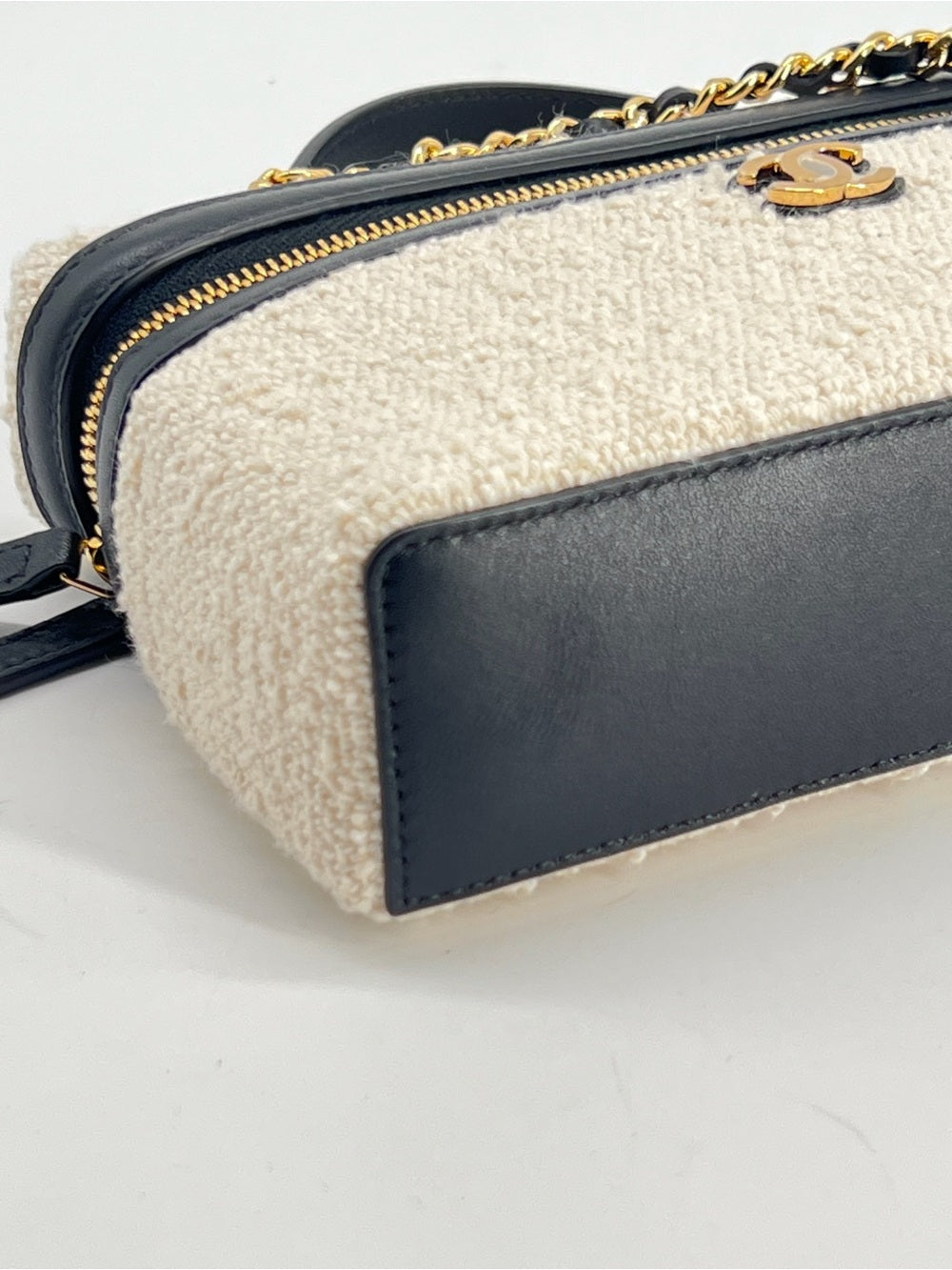 Chanel Coco Beach Top Handle Long Vanity Case in Ecru Tweed and Black Calfskin