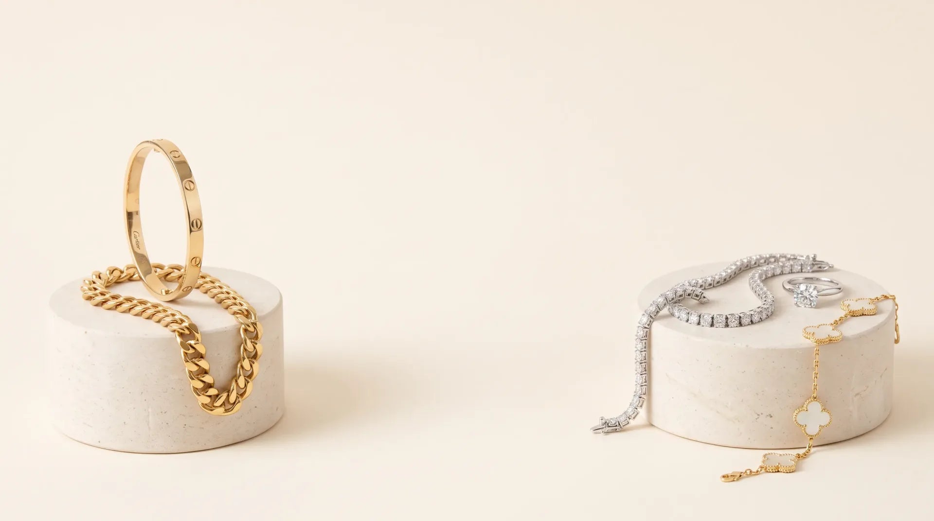 Sell your jewelry in Los Angeles — Cartier Love, diamond tennis bracelet and Van Cleef Alhambra