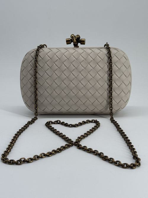 Bottega Veneta Knot Intrecciato White Leather Clutch with Gold Chain — view 1