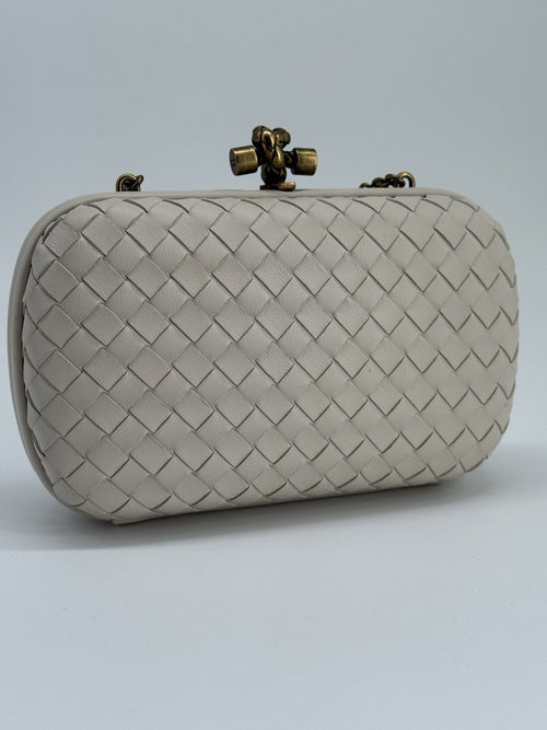 Bottega Veneta Knot Intrecciato White Leather Clutch with Gold Chain — view 2